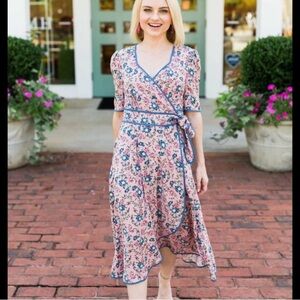NWT Gal Meets Glam Dress 20 Isadora Pink Blue Floral Short Sleeves Knee NEW